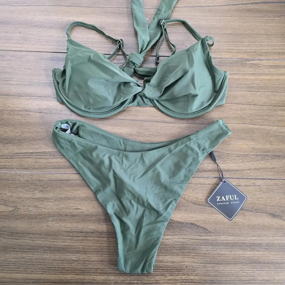 Zaful Twist Front Bikini Sets Underwire Tie Back Bikini High Waisted Women's 6